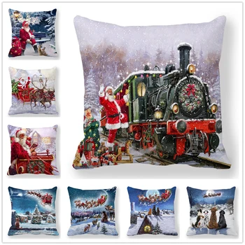 Поезд Санта-Клауса, сани, лось, Рождественская елка, подарок, Рождественская декоративная подушка, чехол для дивана, ресторан, подушка, чехол для подушки