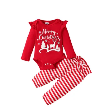Рождественские комплекты брюк для новорожденных девочек, 3 шт., осенняя одежда, боди с длинным рукавом и полосатые брюки, комплект детских вещей, одежда