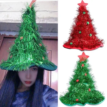 Рождественские шляпы, забавные аксессуары для костюмов для вечеринок, праздничный наряд, Шляпа Санта-Клауса с рождественской елкой, красный, зеленый, серебристый