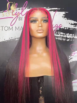 Розовая подсветка 13x6 Прозрачный парик с кружевом спереди Прямой парик с кружевом спереди 13x4 Hd Красно-черного цвета из человеческих волос для женщин