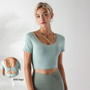 С логотипом Женская одежда для йоги, короткий рукав, эластичный вырез на спине с накладкой на грудь, спортивный топ для фитнеса, модная повседневная футболка для бега трусцой на открытом воздухе