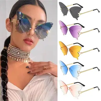 Солнцезащитные очки Butterfly в металлической оправе с защитой от UV400 большого размера, женские очки Y2K без оправы для пляжа / путешествий / уличной одежды