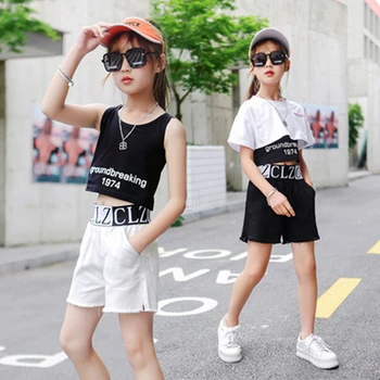 Спортивный костюм для детей, модная дизайнерская одежда для девочек, летние топы для подиума в стиле хип-хоп, Корейские джинсовые шорты, костюм-тройка
