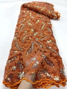Стильная Оранжевая Африканская 3D кружевная ткань 5 ярдов 2023 Высококачественная кружевная ткань с бисером, французская нигерийская кружевная ткань с пайетками