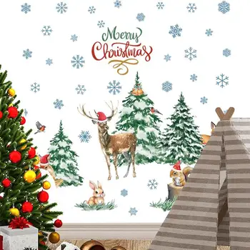 Съемные наклейки на стену с Рождественской елкой, Художественная Виниловая наклейка, украшение окна дома, Снежинки, Животные, наклейки на Стеклянные двери
