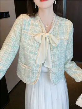 Твидовый жакет с мелким ароматным жемчугом для женщин, повседневная рабочая одежда, верхняя одежда из французской шерсти, верхние пальто, женские Casacos