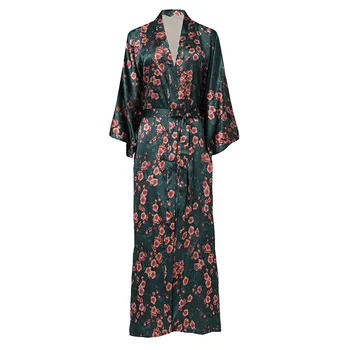 Темно-зеленый Женский халат с цветочным рисунком, платье-кимоно, Сексуальное Свободное Повседневное ночное белье Большого размера 3XL 4XL, Длинное платье для сна, Новинка, Пижамы