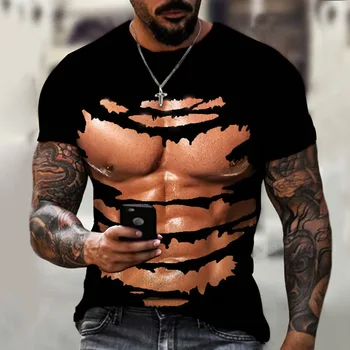 Тренд мужской индивидуальности, грудные мышцы, Пресс, футболка с 3D-принтом с коротким рукавом, повседневный уличный креативный пуловер с круглым воротником, топ