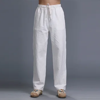 Хлопчатобумажные и льняные брюки Мужские свободные для занятий боевыми искусствами Удан Тайцзи Кунг-фу Чисто Белые прямые повседневные брюки