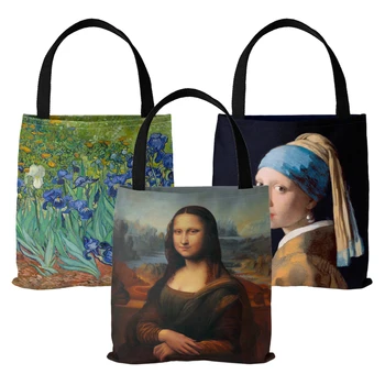 [Холщовая сумка] Холщовая сумка с принтом масляной живописи, женская легкая сумка-тоут, повседневная сумка, многофункциональная сумка для покупок