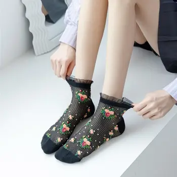 Шелковые носки с кристаллами Floral Element, впитывающие пот, Ультратонкие прозрачные носки до щиколоток, дышащие кружевные носки с рюшами средней длины