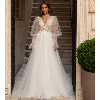 Элегантное Свадебное платье Трапециевидной формы 2024, свадебное платье с кружевной аппликацией и цветочным узором, Длинное Вечернее платье для невесты, Женское Летнее Белое Плюс Размер