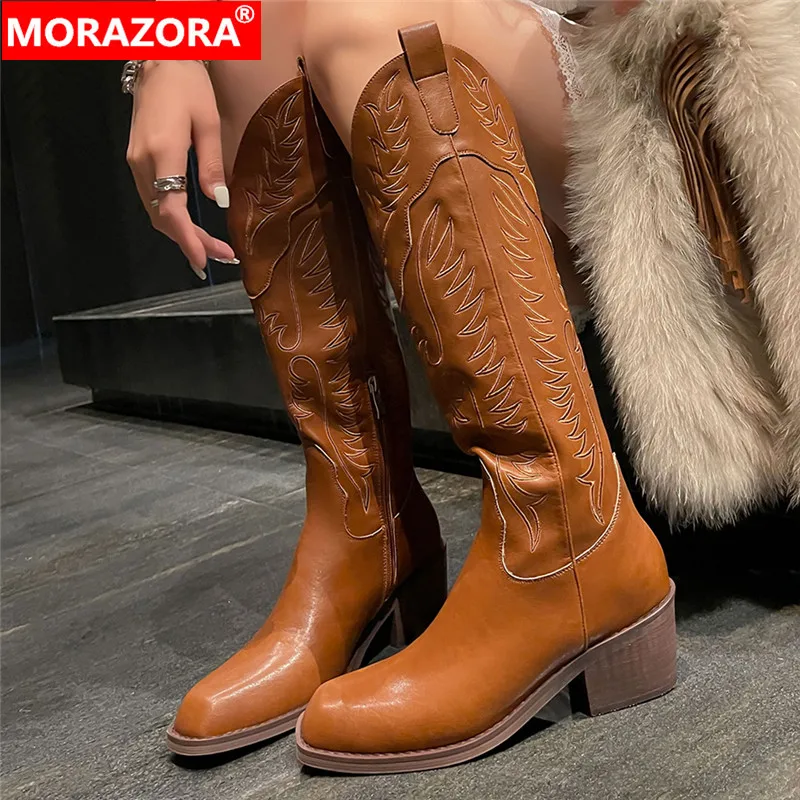MORAZORA 2023, Новые Зимние ботинки из натуральной кожи с вышивкой, Крутые Сапоги до колена на молнии, Женская обувь на квадратном каблуке.